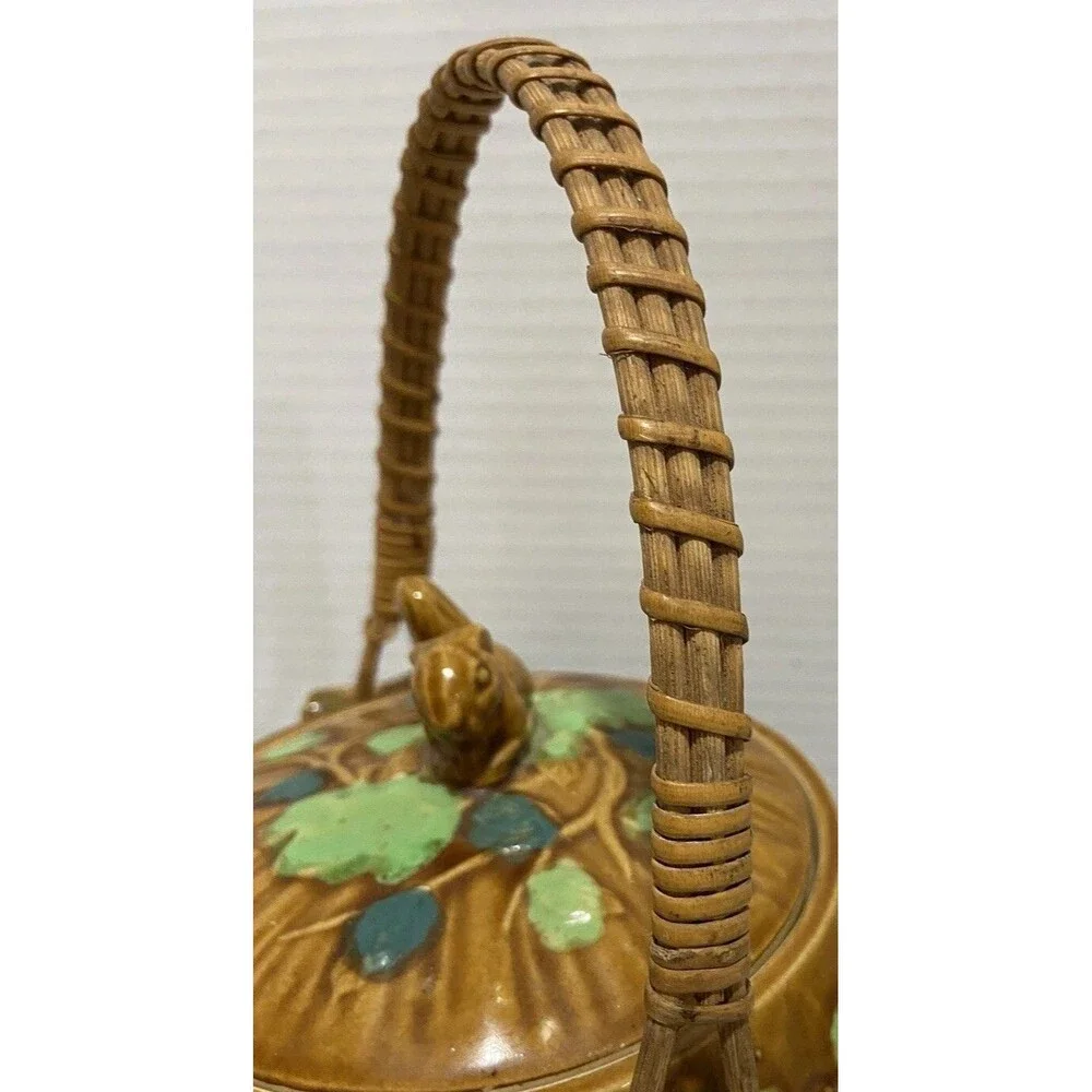 Vintage Majolica Biscuit Cookie Jar Squirrel Top Rattan Handle Hand Glazed Japan